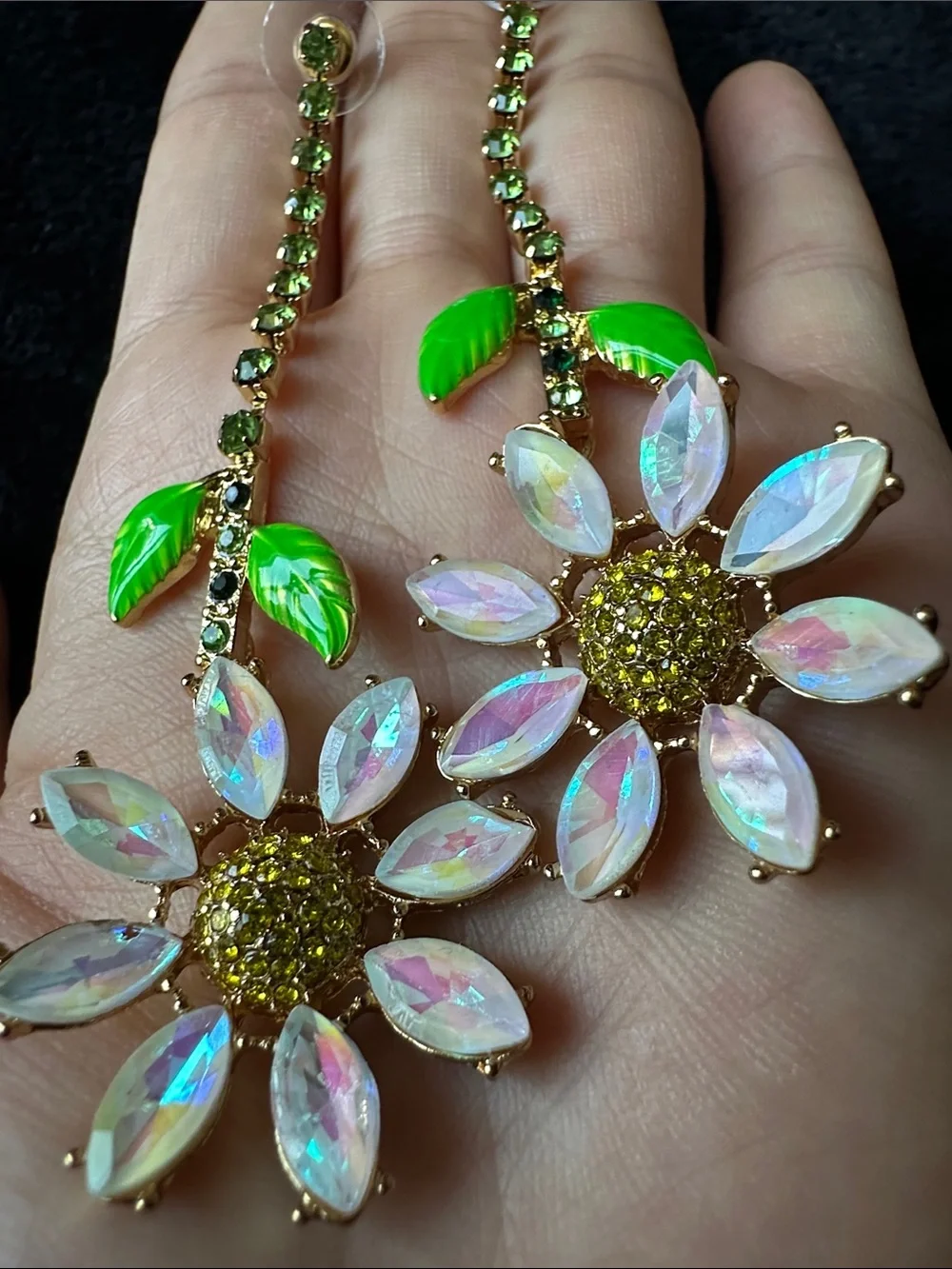 Kenneth Jay Lane Green and Gold Floral Drop Earrings - Picture 2 of 10